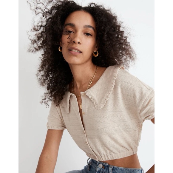 Madewell Ruffle-Collared Crop Top Wet Sand Puff Sleeve Light Academia Fall - Picture 1 of 11